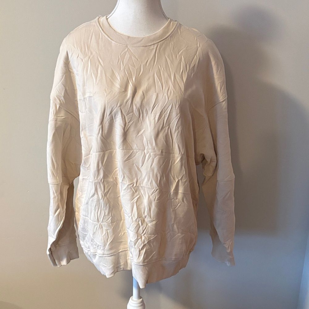 NWT Zara Crinkle Cotton Cream Crewneck Oversized Pullover Sweatshirt. Size L